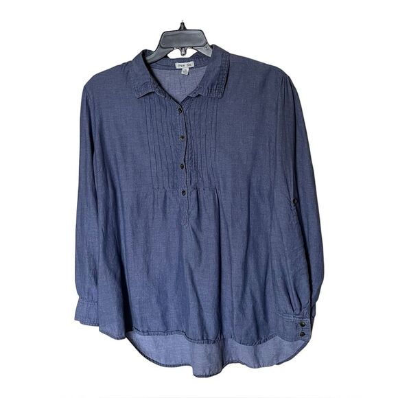 Per Se 100% Cotton Pullover Denim Chambray Top Shirt with Tab Sleeves Size 2X - Picture 1 of 10